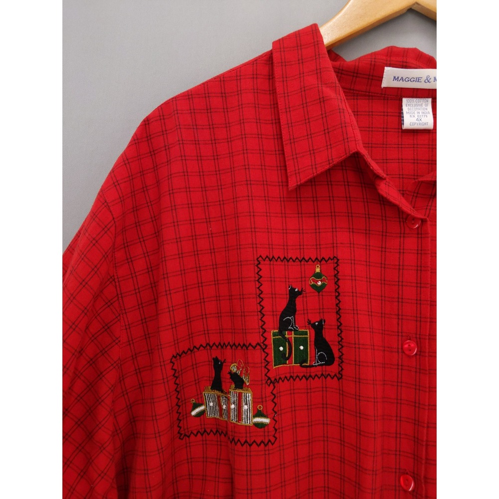 Maggie & Max Embroidered Christmas Cats Button Down Shirt Women 4X Red Plaid